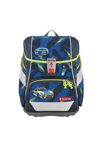 Sac à dos bleu et marine avec des graphismes de voiture de police, des accents vert fluo et des bandes réfléchissantes. Comprend plusieurs compartiments et des matériaux texturés.