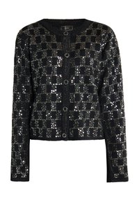 Cardigan negru cu un design în carouri, decorat cu paiete metalice. Are o gât rotund și închidere cu butoane pe față. Mâneci lungi.
