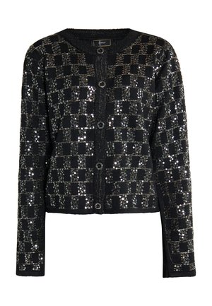 Black cardigan featuring a checkerboard design with metallic sequins. It has a round neckline and buttoned front closure. Long sleeves.