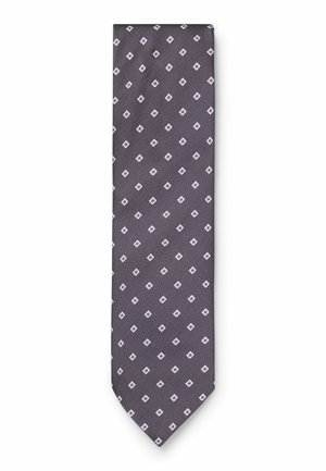 Cravatta grigio scuro con piccolo motivo a diamante bianco distribuito uniformemente sul tessuto, punta appuntita e tessitura strutturata.