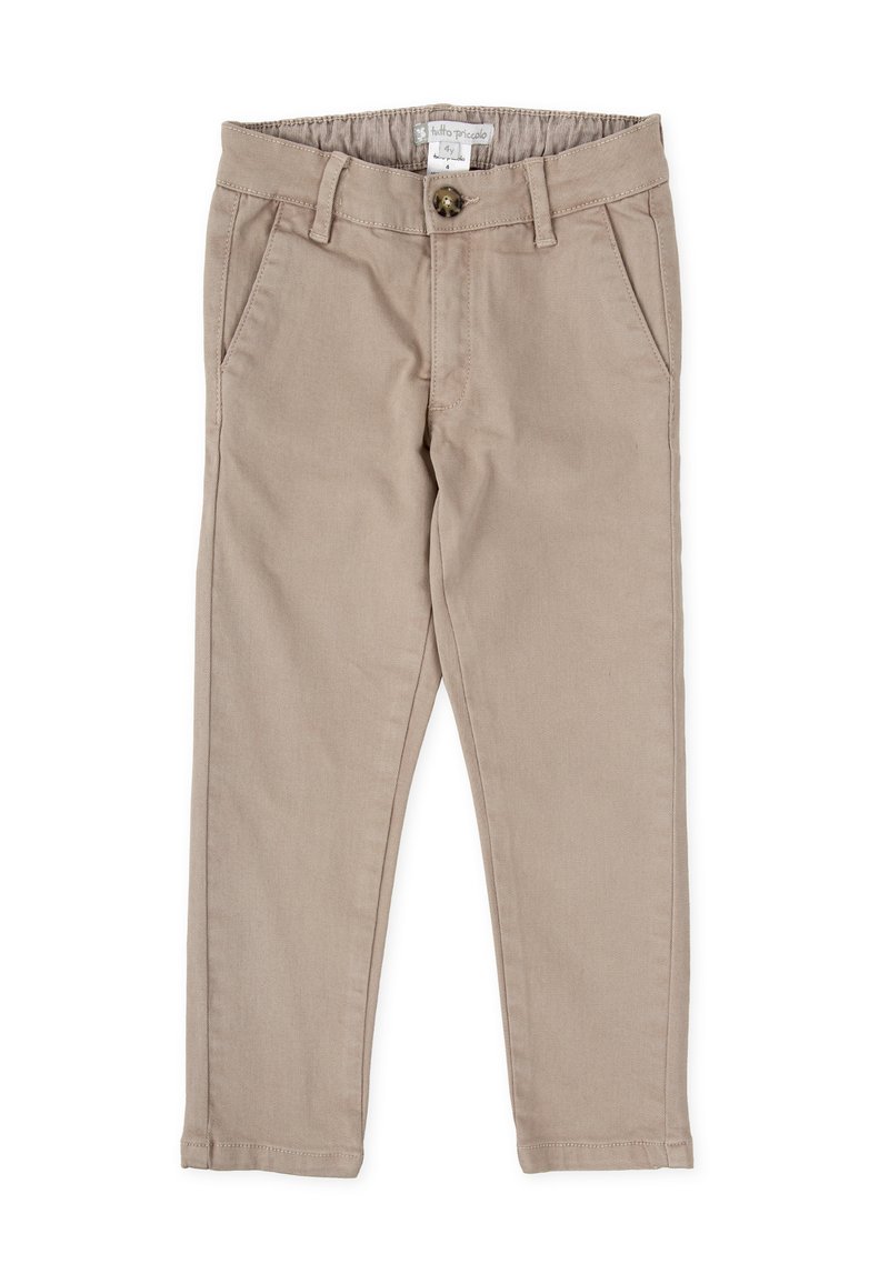 Pantalones de mezcla de algodón beige con un diseño de pierna recta, que presentan un cierre de botón, bolsillos frontales y una cintura elástica para mayor comodidad.