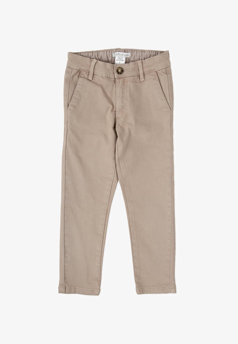 Pantalons en mélange de coton beige avec une coupe droite, dotés d'une fermeture boutonnée, de poches avant et d'une taille élastique pour le confort.