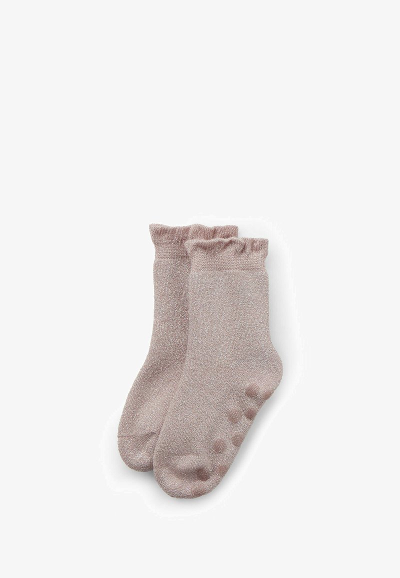 Rosa, glitzernde Knöchelsocken mit gerafften Oberteilen und strukturierten Grip-Punkten auf den Sohlen. Hergestellt aus einem weichen, elastischen Material.