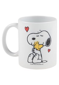 White ceramic mug featuring a cartoon of Snoopy hugging Woodstock, with red hearts surrounding them. Smooth texture, rounded handle.