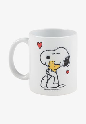 White ceramic mug featuring a cartoon of Snoopy hugging Woodstock, with red hearts surrounding them. Smooth texture, rounded handle.