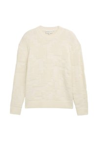 Cremfarbener gestrickter Pullover mit strukturierten geometrischen Mustern, langen Ärmeln, gerippten Bündchen und rundem Halsausschnitt.