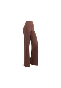 Pantaloni a gamba larga marroni con una texture liscia, vita alta e tasche laterali discrete; progettati per un fit rilassato e un look minimalista.