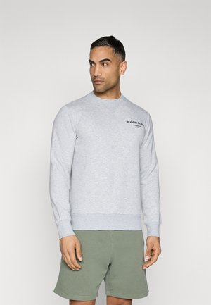 Sweatshirt léger gris clair en col ras du cou, fabriqué en tissu doux, arborant un logo noir sur la poitrine. Assorti avec un short vert, présentant une tenue décontractée.
