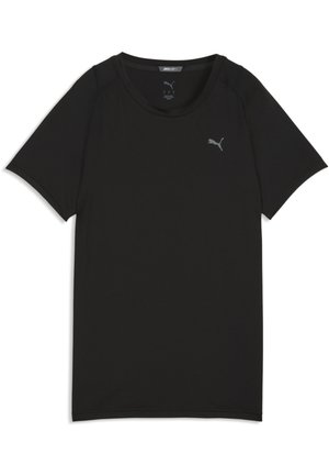 Zwarte Puma sport-T-shirt met korte mouwen, ronde hals en klein Puma-logo op de linkerborst.