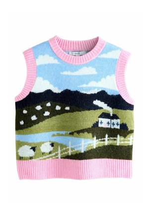 Ärmelloser Strickpullover mit einer bunten, ländlichen Szenerie mit Schafen, Bergen und einem Haus. Rosa gerippter Ausschnitt und Saum. Weiche Textur.