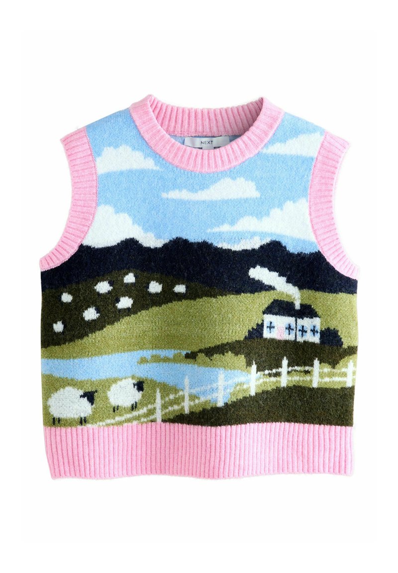 Ärmelloser Strickpullover mit einer bunten, ländlichen Szenerie mit Schafen, Bergen und einem Haus. Rosa gerippter Ausschnitt und Saum. Weiche Textur.