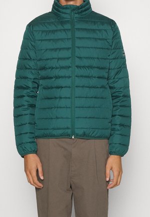 Veste matelassée verte avec un quiltage vertical, un col montant et une fermeture éclair. Présente des poignets élastiques et une texture lisse. Branding minimal sur la manche.