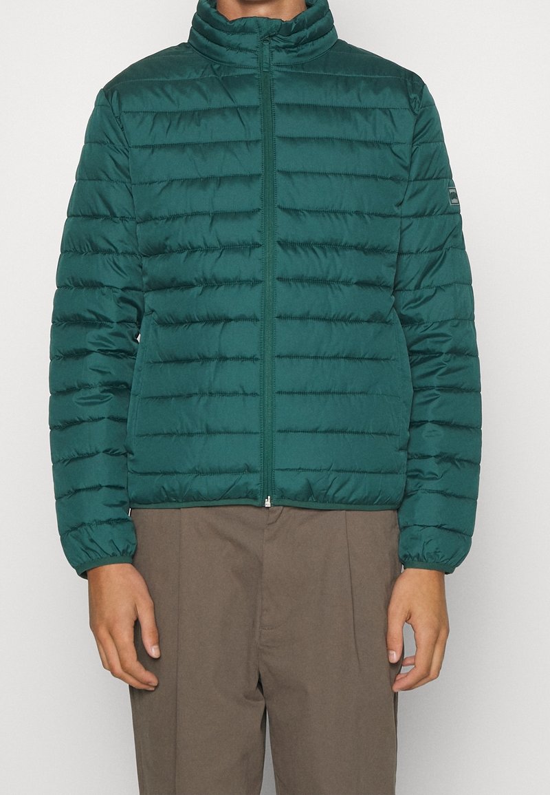 Green puffer jacket with vertical quilting, high collar, and zipper closure. Features elastic cuffs and a smooth texture. Minimal branding on sleeve.