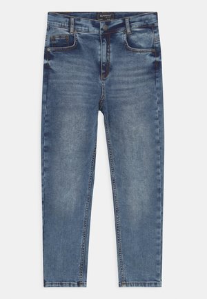 Niebieskie, wyprane dziecięce jeansy slim-fit z pięcioma kieszeniami i zapięciem na guzik, rozmiar 9-10 lat.