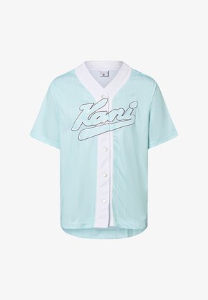 Lichtblauw shirt met korte mouwen met witte strepen, voorzien van een knopenlijst aan de voorkant en een 'Kani'-logo in vette letters op de borst.
