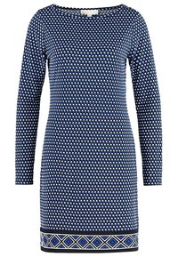 Robe bleu marine à manches longues, motif circulaire blanc et bleu, encolure ronde, et bordure décorative à motifs à l'ourlet. Texture douce.