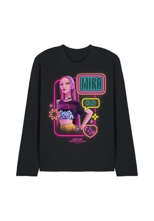 Long black shirt with neon-style graphic of a woman named Mira, colorful shapes, and text reading "KPOP Demon Hunters" on the front.