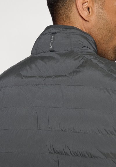 Graue Pufferjacke mit Stehkragen, gestepptem Muster und einem Logo-Patch auf dem Rücken. Glatte Textur mit einem leichten Design.
