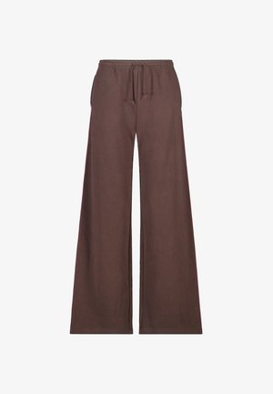 Brown wide-leg pants with elastic waistband and drawstring closure, made from soft fabric.