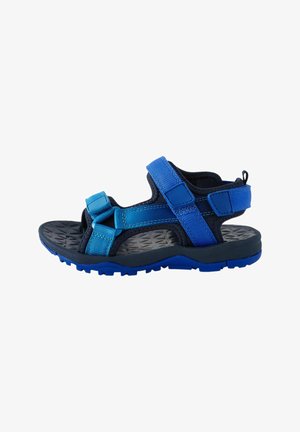 Sándales azules y negras con correas ajustables; suela de goma texturizada, parte superior sintética, con un diseño deportivo moderno y un patrón de relieve.
