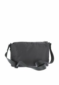 Sac bandoulière en nylon noir de forme rectangulaire, avec une sangle ajustable et une texture lisse. Fermeture éclair sur le dessus. Design simple.