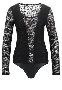 Svart spetsbodysuit med långa ärmar, djup V-ringning och en genomskinlig frontdesign. Baksidan är i ett solitt svart tyg.