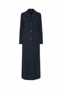 Cappotto lungo in misto lana blu navy con colletto a punta, chiusura a cinque bottoni e due tasche frontali. Texture liscia, vestibilità sartoriale e lunghezza fino al pavimento.