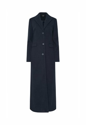 Navy wool blend long coat with a notched collar, five-button closure, and two front pockets. Smooth texture, tailored fit, and floor length.