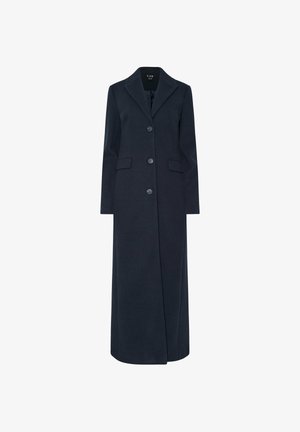 Langer Mantel aus einem Wollgemisch in Marineblau mit Reverskragen, Fünf-Knopf-Verschluss und zwei Vordertaschen. Glatte Textur, taillierte Passform und bodenlang.