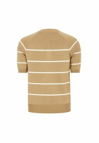 Jersey beige de manga corta con rayas horizontales blancas, con dobladillo y puños acanalados, visto desde la parte posterior sobre un fondo blanco.