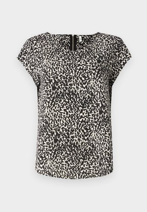 Black and white short-sleeve top featuring a textured, abstract pattern with a round neckline and a subtle back zipper detail.
