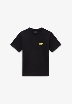 T-shirt noir à manches courtes en coton, avec un logo jaune "VANS" et le texte "OFF THE WALL" sur le côté gauche de la poitrine. Design simple.