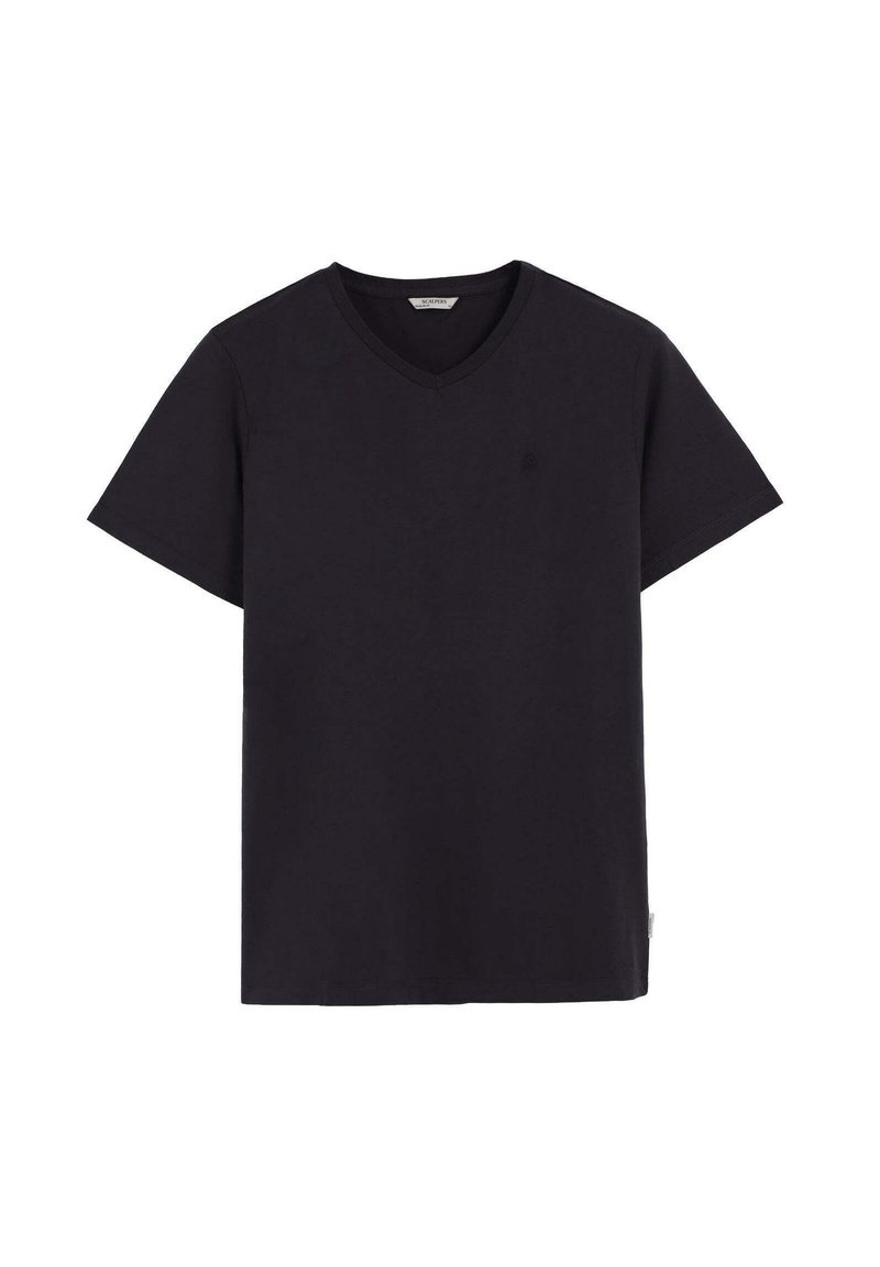 Camiseta negra de cuello en V hecha de suave algodón. Mangas cortas, un corte relajado y un pequeño logotipo de la marca en el pecho.