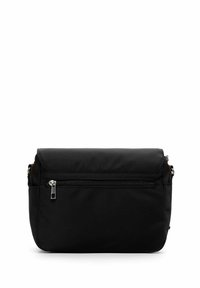 Black fabric shoulder bag with a zippered front pocket, rectangular shape, adjustable strap, and smooth texture.