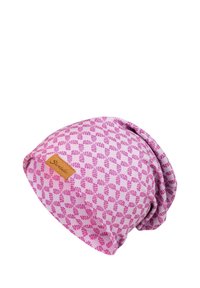 Knitted beanie in light pink with darker pink leaf patterns; features a brown leather logo tag; soft texture; slouchy fit.