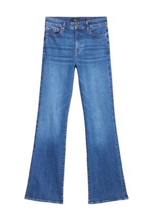 Jean évasé bleu en denim, avec une taille mi-haute, cinq poches et un ourlet net. Le tissu présente une finition légèrement délavée.