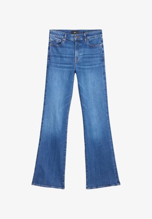 Dzwony z niebieskiego denimu, z podwyższonym stanem, pięcioma kieszeniami i czystym wykończeniem na dole. Tkanina ma lekko wyblakłe wykończenie.