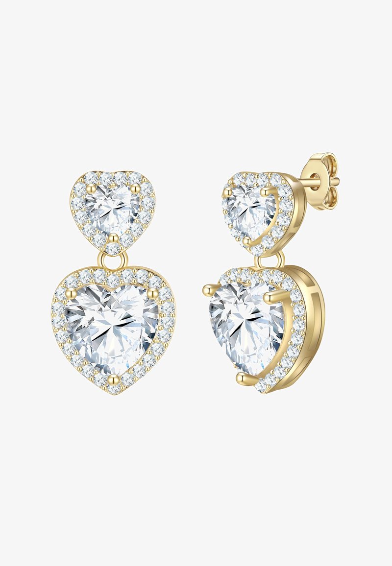 Zlata uhančka v obliki srca z dvema velikima prozornima kamenoma, obdanima z manjšimi prozornimi akcenti. Elegantna oblika kapljice poudari sijaj.
