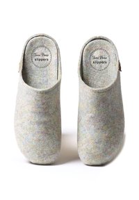 Felt clogs in light pastel colors with a rounded toe and open back, featuring a logo inside and minimalistic design.