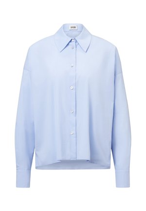 Camisa azul claro de manga larga con botones, cuello puntiagudo, puños abotonados y dobladillo ligeramente recortado.