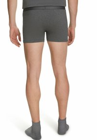 Pantaloni boxer grigi con un elastico nero, realizzati in un materiale morbido. La vista posteriore mostra una vestibilità aderente, abbinata a calzini grigi alla caviglia.