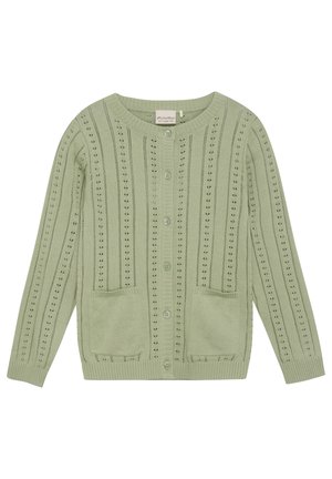 Lysegrøn strikket cardigan med vertikale øjeletmønstre, knapper foran, to forlommer og rund halsudskæring.