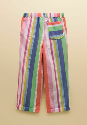 Värvikad triibulised püksid, millel on vertikaalsed roosad, rohelised, sinised, oranžid, kollased ja valged triibud ning üks tasku paremal küljel.