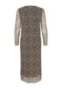 Lång, genomskinlig klänning med ett leopardmönster i beige och svarta nyanser, med lång ärm och rak skärning.