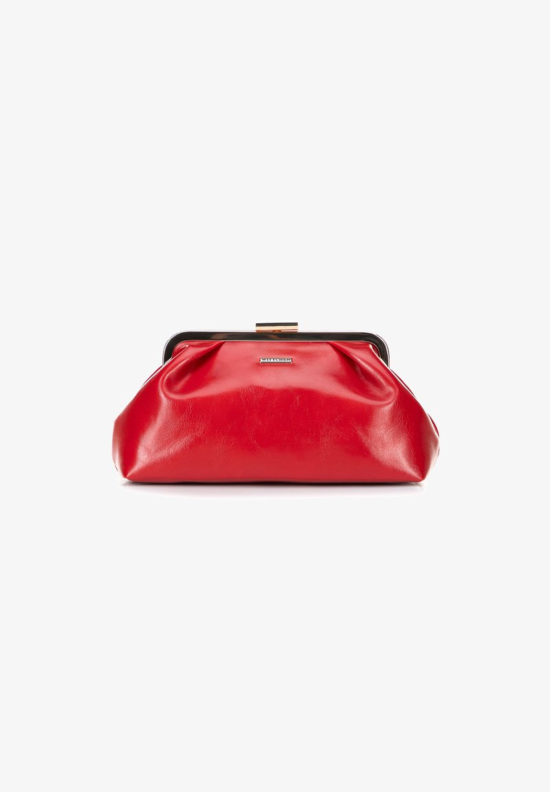 Rote Leder-Clutch mit einem goldfarbenen Rahmenverschluss und einem kleinen "Wittchen"-Markenlabel in der Mitte der Vorderseite.