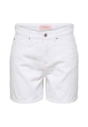 Short en denim blanc avec passants de ceinture, bouton et fermeture éclair à l'avant, et poches latérales, présenté sur fond blanc.