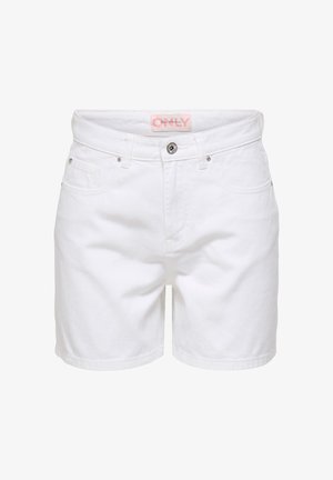 Short en denim blanc avec passants de ceinture, bouton et fermeture éclair à l'avant, et poches latérales, présenté sur fond blanc.