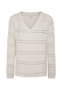 Cream knitted sweater with a V-neckline, long sleeves, and horizontal stripes featuring small openwork details throughout the fabric.