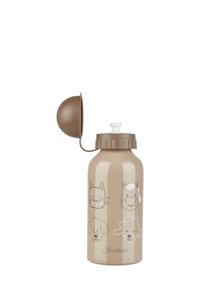 Beige Wasserflasche für Kinder mit Klappdeckel, ausgestattet mit Cartoon-Gesichtern eines Katzen, Pferdes, Hundes und Schafs sowie "Sterntaler"-Branding.