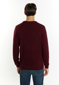 Maglione a maglia borgogna con colletto rotondo, maniche lunghe e polsini e orlo a coste, abbinato a jeans blu. Texture liscia in tutta la superficie.